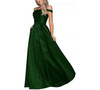 WSEYU Off Shoulder Bridesmaid Dresses with Pockets Satin Lace Up Back Wedding Guest Evening Gowns Dark Green UK28