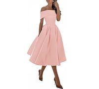 WSEYU Off Shoulder Homecoming Dresses Satin Short Formal Evening Gown with Pockets for Teens Blush Pink