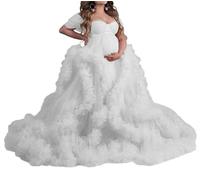 WSEYU Off Shoulder Maternity Dress Sweetheart Illusion Off Shoulder Puffy Tulle V Neck Bridal Lingerie Nightgown Baby Shower Dress White UK14