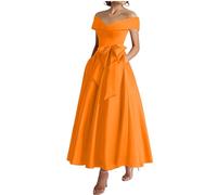 WSEYU Off Shoulder Mother of The Bride Groom Dresses Satin Bow Formal Evening Grandmother Gowns Tea Length ZM289 Orange UK12