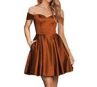 WSEYU Off The Shoulder Homecoming Dresses for Teens Short Prom Ball Gown Satin Cocktail Dress with Pockets Burnt Orange UK6