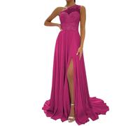 WSEYU One Shoulder Anniversary Dresses with Bustier Casual Bridal Gowns Sleeveless Costume Party Dress Hot Pink UK30