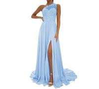 WSEYU One Shoulder Anniversary Dresses with Bustier Casual Bridal Gowns Sleeveless Costume Party Dress Light Blue UK30