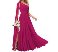 WSEYU One Shoulder Cut Out Twist Front Bridesmaid Dresses Ruched Chiffon Evening Formal Party Gown with Split Fushia UK20