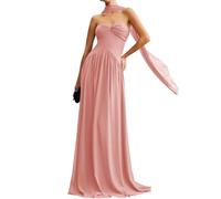 WSEYU Pleated Chiffon Bridesmaid Dresses with Scarf Sweetheart Strapless Formal Evening Maxi Prom Gowns ZMKI350 Dusty Rose UK22