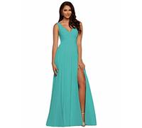 WSEYU Pleated V Neck Bridesmaid Dresses with Pockets Long Chiffon A Line Formal Party Gowns with Slit Turquoise UK12