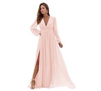 WSEYU Pleated V Neck Bridesmaid Dresses with Pockets Long Sleeves Chiffon A Line Formal Party Gowns with Slit Blush UK12