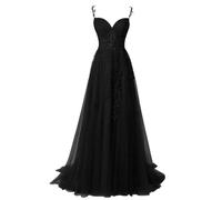 WSEYU Puffy Floral Tulle Prom Dresses Lace Appliques Bridesmaid Evening Graduation Cocktail Party Gown Black UK12
