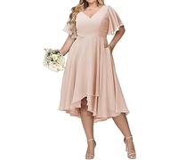 WSEYU Puffy Short Sleeve Bridesmaid Dresses Long V Neck Chiffon Formal Dress Plus Size Peach UK18