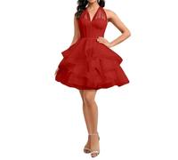 WSEYU Puffy Tulle Homecoming Dresses for Teens Short Halter Bridesmaid Graduation Cocktail Party Gown Red UK6