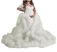 WSEYU Puffy Tulle Robe for Maternity Photoshoot V Neck Off Shoulder Illusion Bridal Lingerie Nightgown Baby Shower Dress Ivory UK6