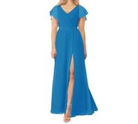 WSEYU Ruffles Chiffon Bridesmaid Dresses Flutter Sleeve Party Prom Evening Gowns with Slit Maid of Honor Gown ZM320 Ocean Blue UK14