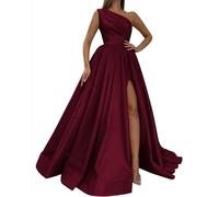 WSEYU Satin Bridesmaid Dresses with Pockets A-Line Satin Sweep Train Evening Party Dress Plus Size Burgundy UK22