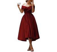 WSEYU Satin Evening Party Gowns with Pockets for Juniors Off Shoulder Lace Up Back Ball Gown Burgundy UK20