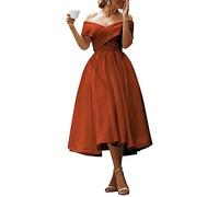 WSEYU Satin Evening Party Gowns with Pockets for Juniors Off Shoulder Lace Up Back Ball Gown Burnt Orange UK18