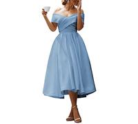 WSEYU Satin Evening Party Gowns with Pockets for Juniors Off Shoulder Lace Up Back Ball Gown Dusty_Blue UK16