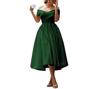 WSEYU Satin Evening Party Gowns with Pockets for Juniors Off Shoulder Lace Up Back Ball Gown Emerald UK14