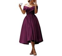 WSEYU Satin Evening Party Gowns with Pockets for Juniors Off Shoulder Lace Up Back Ball Gown Plum UK18