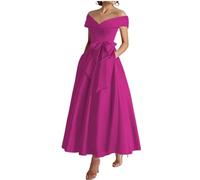 WSEYU Satin Mother of The Bride Dresses for Wedding Guest Off Shoulder Maxi Formal Evening Gown Tea Length ZM289 Fuchsia UK22