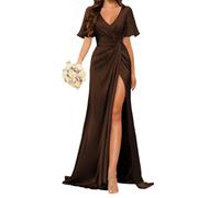 WSEYU Short Sleeve Wedding Bridesmaid Dress Ruched Satin Long Formal Evening Party Prom Gowns with Slit ZM190 Brown UK22