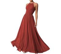 WSEYU Sleeveless Halter Neck Chiffon Evening Gown Pleated Long Bridesmaid Dress Rust Red UK20