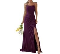 WSEYU Spaghetti Strap Chiffon Bridesmaid Dress Long Square Neck Prom Formal Evening Gown Slit Grape UK12