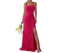 WSEYU Spaghetti Strap Chiffon Bridesmaid Dress Long Square Neck Prom Formal Evening Gown Slit Hot Pink UK8