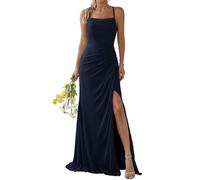 WSEYU Spaghetti Strap Chiffon Bridesmaid Dress Long Square Neck Prom Formal Evening Gown Slit Navy Blue UK6