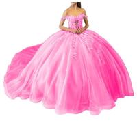 WSEYU Sweetheart Sequin Quinceanera Dresses with Off Shoulder Puffy Lace Tulle 16 Princess Dresses Hot Pink UK24