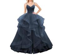 WSEYU Tulle Bridesmaid Dresses with Layered V Neck Spaghetti Strap Pageant Dress for Wedding Ball Gowns Navy Blue UK14