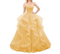 WSEYU Tulle Bridesmaid Dresses with Layered V Neck Spaghetti Strap Pageant Dress for Wedding Ball Gowns Gold UK14