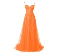 WSEYU Tulle Lace Appliques Prom Dress Off Shoulder Formal Dresses Floral Sleeveless Ball Cocktail Party Gown Orange UK18