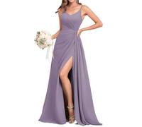 WSEYU V Neck Bridesmaid Dress Sleeveless Chiffon Long Formal Slit Party Dress Wisteria UK12