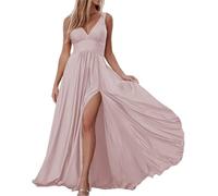 WSEYU V Neck Bridesmaid Dresses with Slit Long Satin A-Line Formal Party Gowns for Wedding Plus Size Blush UK18