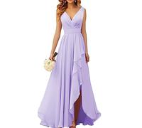 WSEYU V Neck Chiffon Bridesmaid Dresses for Wedding Long Formal Evening Gown with Ruffle Slit Lilac UK12