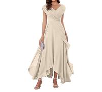WSEYU V Neck Chiffon Mother of Bride Dresses Cap Sleeve Formal Evening Party Grandmother Gowns Tea Length ZMKI355 Champagne UK28