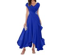 WSEYU V Neck Chiffon Mother of Bride Dresses Cap Sleeve Formal Evening Party Grandmother Gowns Tea Length ZMKI355 Royal Blue UK26