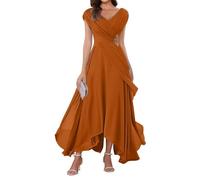 WSEYU V Neck Chiffon Mother of Bride Dresses Cap Sleeve Formal Evening Party Grandmother Gowns Tea Length ZMKI355 Burnt Orange UK24