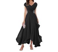 WSEYU V Neck Chiffon Mother of Bride Dresses Cap Sleeve Formal Evening Party Grandmother Gowns Tea Length ZMKI355 Black UK28