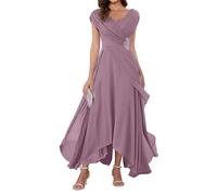WSEYU V Neck Chiffon Mother of Bride Dresses Cap Sleeve Formal Evening Party Grandmother Gowns Tea Length ZMKI355 Wisteria UK22