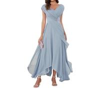 WSEYU V Neck Chiffon Mother of Bride Dresses Cap Sleeve Formal Evening Party Grandmother Gowns Tea Length ZMKI355 Dusty Blue UK24