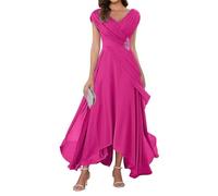 WSEYU V Neck Chiffon Mother of Bride Dresses Cap Sleeve Formal Evening Party Grandmother Gowns Tea Length ZMKI355 Hot Pink UK22