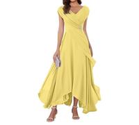 WSEYU V Neck Chiffon Mother of Bride Dresses Cap Sleeve Formal Evening Party Grandmother Gowns Tea Length ZMKI355 Yellow UK24