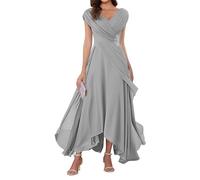 WSEYU V Neck Chiffon Mother of Bride Dresses Cap Sleeve Formal Evening Party Grandmother Gowns Tea Length ZMKI355 Silver UK26