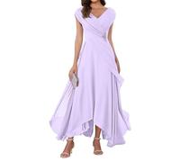 WSEYU V Neck Chiffon Mother of Bride Dresses Cap Sleeve Formal Evening Party Grandmother Gowns Tea Length ZMKI355 Lilac UK24