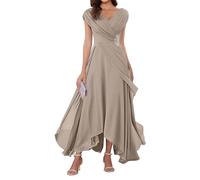 WSEYU V Neck Chiffon Mother of Bride Dresses Cap Sleeve Formal Evening Party Grandmother Gowns Tea Length ZMKI355 Taupe UK22