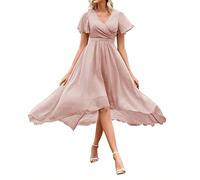 WSEYU V Neck Short Bridesmaid Dresses High-Low Chiffon A Line Pleated Prom Gowns with Pockets Dusty Pink UK10