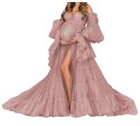 WSEYU Women's Tulle Bride Morning Robe V Neck Anniversary Dresses Strapless Baby Shower Dress Lace Up Dusty Rose UK20