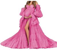 WSEYU Women's Tulle Bride Morning Robe V Neck Anniversary Dresses Strapless Baby Shower Dress Lace Up Hot Pink UK16