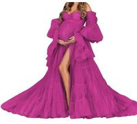 WSEYU Women's Tulle Bride Morning Robe V Neck Anniversary Dresses Strapless Baby Shower Dress Lace Up Fuchsia UK16